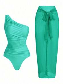 Traje de baño de una pieza para mujer para playa piscina vacaciones semana santa brunch y salidas a la playa, diseño de hombro único con drapeado y tul transparente que resalta la silueta color marrón sólido tela elástica de secado rápido apto para verano y temporadas cálidas - verde menta - Ver 12
