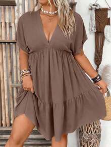 Vestido casual de unicolor con cuello en V profundo y mangas tipo murciélago para mujer de talla grande - Albaricoque 2 - Ver 8