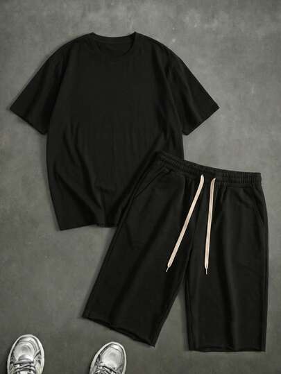  Fractyr Men's Black Solid Color Loose T-Shirt + Frayed Drawstring Sports Shorts, Casual 2-Piece Set, Summer Sportswear