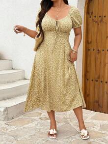 Vestido corto de manga corta con estampado de patrón de collar de diamantes en talla grande - Multicolor - Ver 3