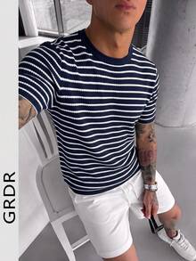 GRDR 男士夏季时尚条纹提花领短袖T恤，适合商务通勤和日常穿着 - 藏蓝色 - 查看 4