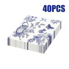 80/40/20 piezas Servilletas desechables impresas de 13 * 13 pulgadas en azul y blanco, con blanco como base, combinadas con patrones azules de búhos, flores, mariposas y ramas, adecuadas para mesas de comedor diarias, tardes de té, picnics, fiestas de jardín, reuniones con tema de primavera, fiestas de cumpleaños familiares, banquetes de bodas y decoraciones de restaurantes - Ver 5