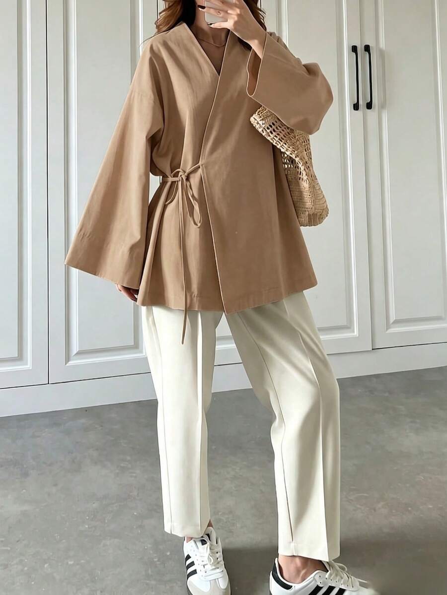 Jaket Wanita Minimalis Model Baru Musim Gugur Lengan Panjang dengan Ikatan di Depan, Cocok untuk Semua Musim - Unta - View 1