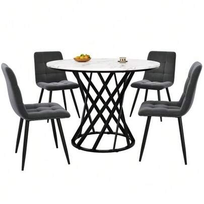 Esstisch-Set (5-Teilig), Esstisch-Set Mit 4 Stühlen, Modern Küchentisch-Set, Round Küchentisch Mit 80 Cm Durchmesser Und Goldenen Metallbeinen, White MDF-Tischplatte, Dark Gray Samt-Esszimmerstüh