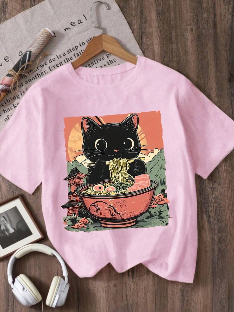Camiseta de cuello redondo estampada para niñas - Rosa - Ver 1