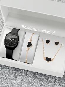 5件套女士硅胶方形表盘优雅时尚石英腕表+心形饰品，不含表盒 - 黑色 - 查看 1