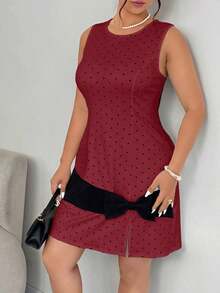 Vestido mini de punto de línea A con contraste de lunares y lazo, elegante y sin mangas, para mujer de talla grande, primavera/verano - Multicolor - Ver 4