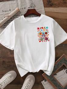 Camiseta de manga corta negra de moda para mujer Howell, con estampado de margaritas y flores dibujadas a mano, casual y fresca para el verano - Blanco - Ver 2