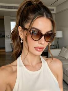 1pc Y2K Style Square Frame Fashion Glasses, Cute & Retro For Daily Wear, Beach And Party - Brown - View 2
