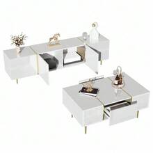 Modern Bright White TV Stand And Coffee Table Set - White - View 3