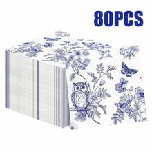80/40/20 piezas Servilletas desechables impresas de 13 * 13 pulgadas en azul y blanco, con blanco como base, combinadas con patrones azules de búhos, flores, mariposas y ramas, adecuadas para mesas de comedor diarias, tardes de té, picnics, fiestas de jardín, reuniones con tema de primavera, fiestas de cumpleaños familiares, banquetes de bodas y decoraciones de restaurantes - Ver 2