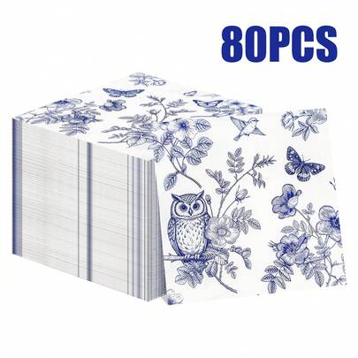 80/40/20 Pcs 13 * 13 Inch Blue And White Printed Disposable Napkins, With White As The Base, Paired With Blue Owl, Flower, Butterfly, And Branch Patterns, Suitable For Daily Dining Tables, Afternoon Tea, Picnics, Garden Parties, Spring Themed Gatherings, Family Birthday Parties, Wedding Banquets, And Restaurant Decorations