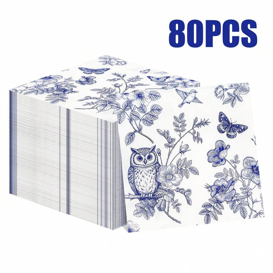 80/40/20 piezas Servilletas desechables impresas de 13 * 13 pulgadas en azul y blanco, con blanco como base, combinadas con patrones azules de búhos, flores, mariposas y ramas, adecuadas para mesas de comedor diarias, tardes de té, picnics, fiestas de jardín, reuniones con tema de primavera, fiestas de cumpleaños familiares, banquetes de bodas y decoraciones de restaurantes