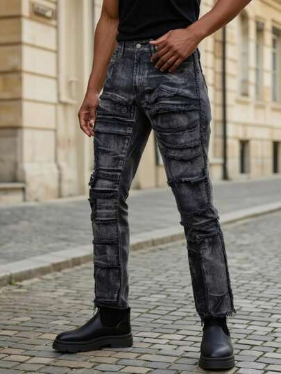 YANGCANREN Quần jeans ống loe nam thời trang dáng ôm, thêu họa tiết.