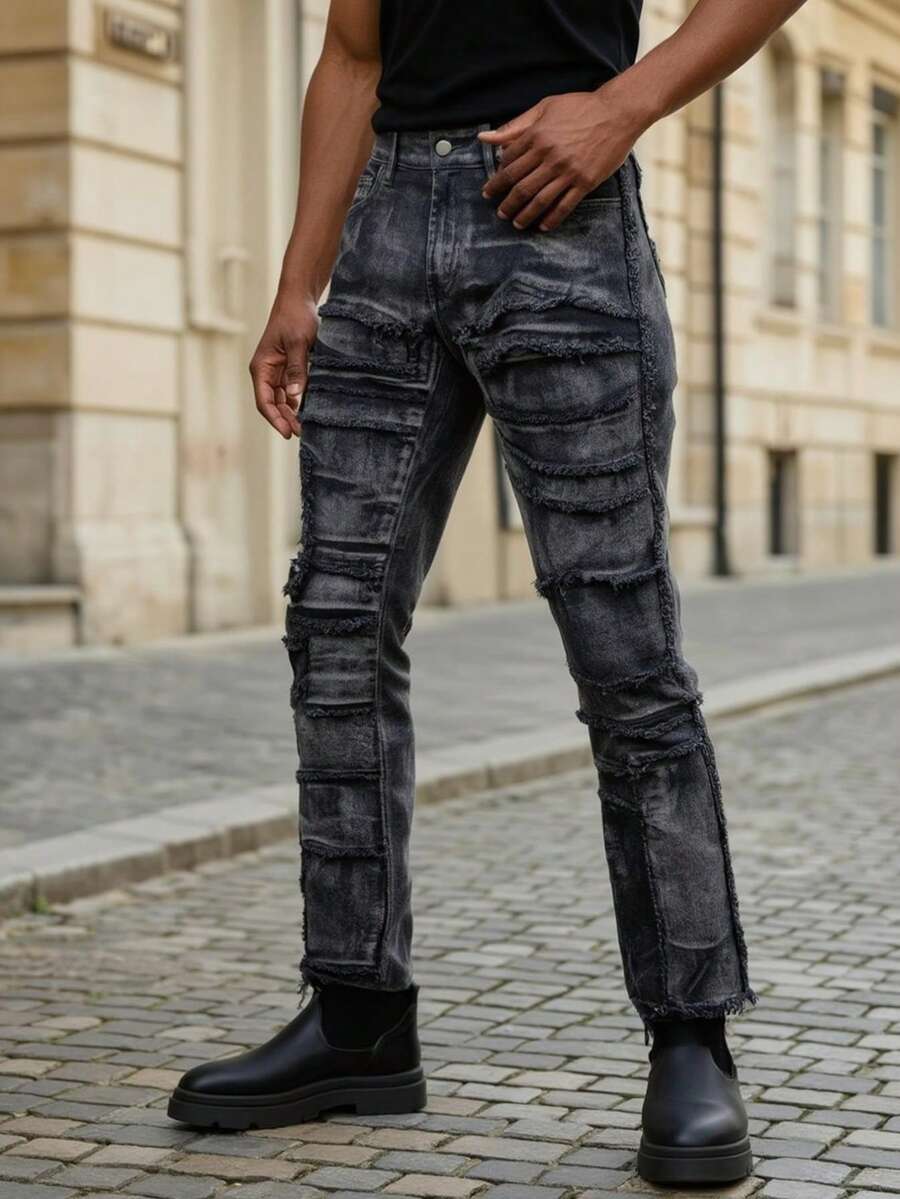 YANGCANREN Men's Fashionable Slim Fit Embroidered Flared Jeans - Black - View 1