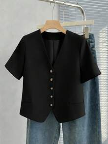 Áo khoác blazer ngắn ôm dáng, nhẹ, cài một hàng khuy dành cho nữ, có lớp lót, màu đen, thích hợp cho mùa xuân/hè. - màu đen - Xem 3