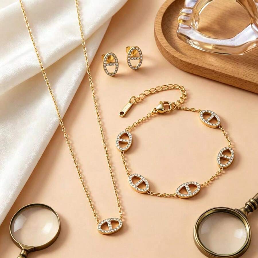 Bộ trang sức mạ vàng sang trọng đính đá CZ dành cho nữ - Dây chuyền mắt xích hình bầu dục, vòng tay và bông tai đinh tán, chất liệu thép không gỉ không gây dị ứng, món quà hoàn hảo. - Vàng - Xem 1