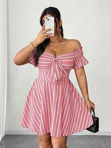 Elenzya Vestido casual de cambio de manga corta a rayas de talla grande, estilo de transporte de moda - Rosa - Ver 1