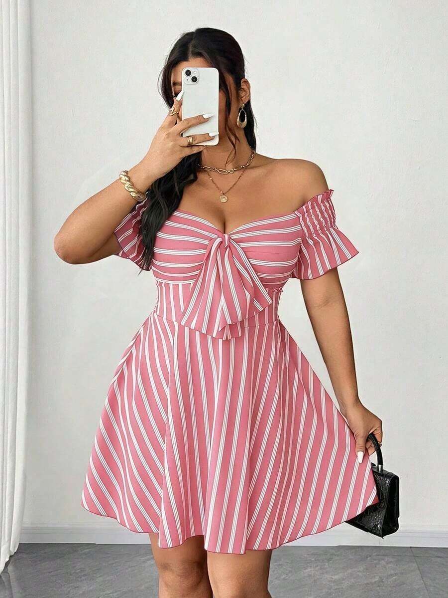 Elenzya Vestido casual de cambio de manga corta a rayas de talla grande, estilo de transporte de moda - Rosa - Ver 1