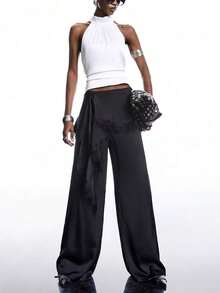 Pantalones holgados de verano color azul claro, con detalles de encaje y volante en la cintura.Un diseño único y versátil para looks de oficina, casuales y de fiesta. - Negro - Ver 4