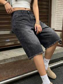 女士休闲牛仔百慕大短裤，街头风酸洗灰色宽松牛仔短裤 - Y2K 美学毛边及膝短裤，黑色夏季款 - 黑色 - 查看 3