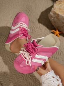 Retro Backless Slip-On Shoes, Lace-Up, Platform Wedge, Fashion, Comfortable & Versatile, Suitable For Casual Daily Wear In Summer - Pink - View 5