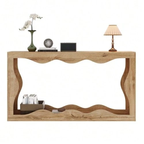 Console Table With Wavy Edges, 2-Tier Shelf, Long Wood-Look Table, Decorative Living Room Table, Entryway Shelf, Natural Edge Design, Side Table - 自然色 - 查看 1