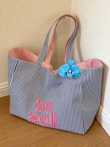 Large Capacity Double-Sided Usable Fabric Tote Bag, Multiple Floral Pendant Options, One Side With Blue & White Vertical Striped Texture For Refreshing Look, Other Side In Solid Pink For Clean & Gentle Vibe, Suitable For Students, Commuting, Daily Shopping, Short Trips & Vacations - Multicolor - View 24