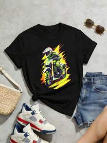 Women's Soft And Casual Short-Sleeved T-Shirt With A Round Neck, Biker Style, Motorcycle Rider, Racing, WRC, Mechanic, 90s American Street Style, Sporty Style, Off-Road, Competitive Sports. White. - 黑色 - 查看 2