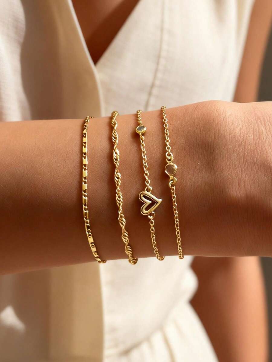 4pcs Elegant Women Bracelet Set, Heart Decor Multi-Layer Gold Bracelets, Suitable For Women's Daily Wear, Dates, Parties, Holiday Gifts - Yellow Gold - View 1