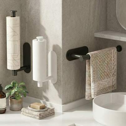 Giá đựng cuộn giấy nhà bếp có thể thu gọn, không cần khoan - Giá treo khăn giấy dán tường đa năng, chắc chắn, bền bỉ, lắp đặt không gây hư hại, hoàn hảo để đựng khăn giấy, màng bọc thực phẩm, túi đựng đồ, trang trí bồn rửa và tủ bếp.