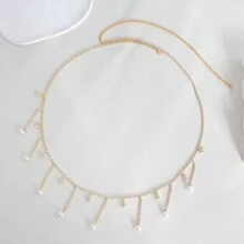 1 قطعة سلسلة خصر أنيقة بتعليقة شرابة مزيفة من اللؤلؤ بطراز فرنسي للنساء - الذهبي - مشاهدة 2