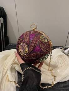花卉图案亮片拼接手拿包，精致五金配件，优雅晚宴包，适合派对、度假、正式场合，可作单肩包、斜挎链条包、手机口红包。 - 紫色 - 查看 9