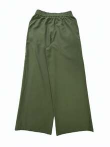 Autumn/Winter Asymmetrical Criss-Cross Design Casual Wide Leg Structured Pants For Women Olive Green Straight Leg Trousers With Pockets Professional Office Long Pants - Green - View 4