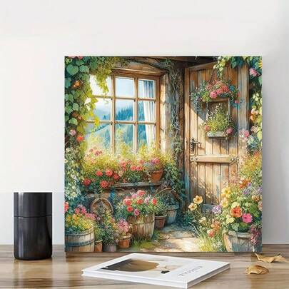 Bộ tranh đính kim cương, Bộ tranh đính kim cương hình hoa cửa sổ, Tranh đính kim cương 5D tròn, đính toàn bộ hạt kim cương, Trang trí nhà cửa, Quà tặng