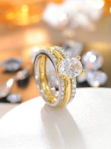 3 Pieces Set Of Pigeon Egg-Shaped Zirconia Rings, Featuring Gold And Silver Zirconia Bands. A Stylish Set For Stacking, Suitable For Weddings, Engagements, Or Everyday Wear. A Lovely Gift. - A - View 10