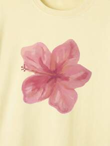 Pale Yellow Acid Wash Hibiscus Print Loose Fit Round Neck T-Shirt For Women, Suitable For Summer Beach Vacation Casual - Yellow - View 5