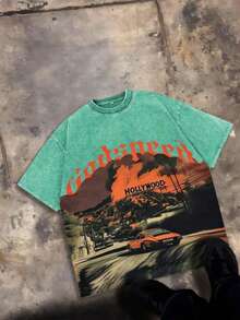 Break The SystemMen's Washed Vintage Crewneck T-Shirt, 100% Cotton 180GSM, Godspeed Highway Car Print, Retro Faded Style, American Streetwear, - 綠色 - 查看 13