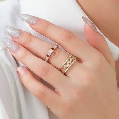 1 chiếc nhẫn hình trái tim rỗng và nhẫn vuông nhiều màu sắc, thiết kế thanh lịch đa năng, phù hợp cho nữ giới đeo hàng ngày và dự tiệc, phụ kiện mùa hè.