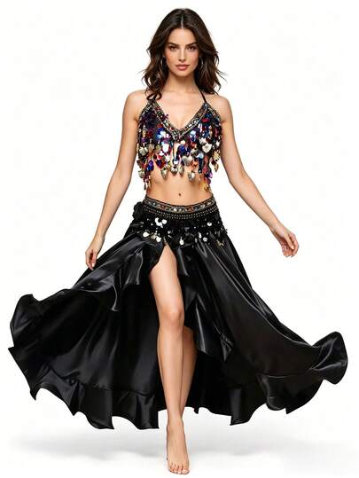 Sequined Halter Neckpiece + Flowy Dance Skirt Underwear + Coin Tassel Waist Chain - Belly Dance Performance Festival Decoration Kit