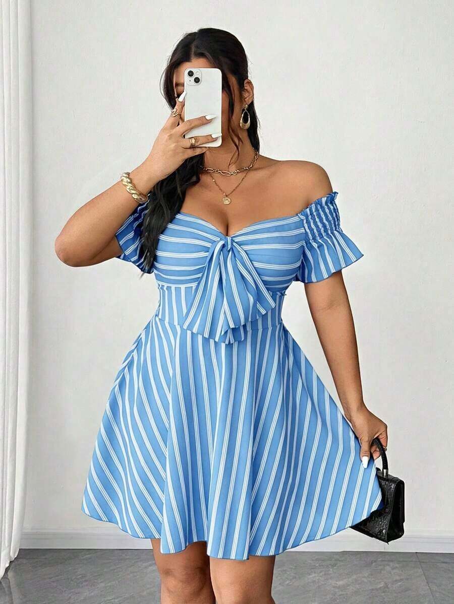 Elenzya Vestido casual de cambio de manga corta a rayas de talla grande, de moda para ir y venir - Celeste - Ver 1