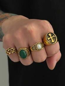 Set de 4 anillos de resina geométricos de cruz minimalistas, de alta gama, versátiles, de estilo punk y hip-hop, elegantes y únicos, adecuados para uso diario, festivales y fiestas - Multicolor - Ver 1