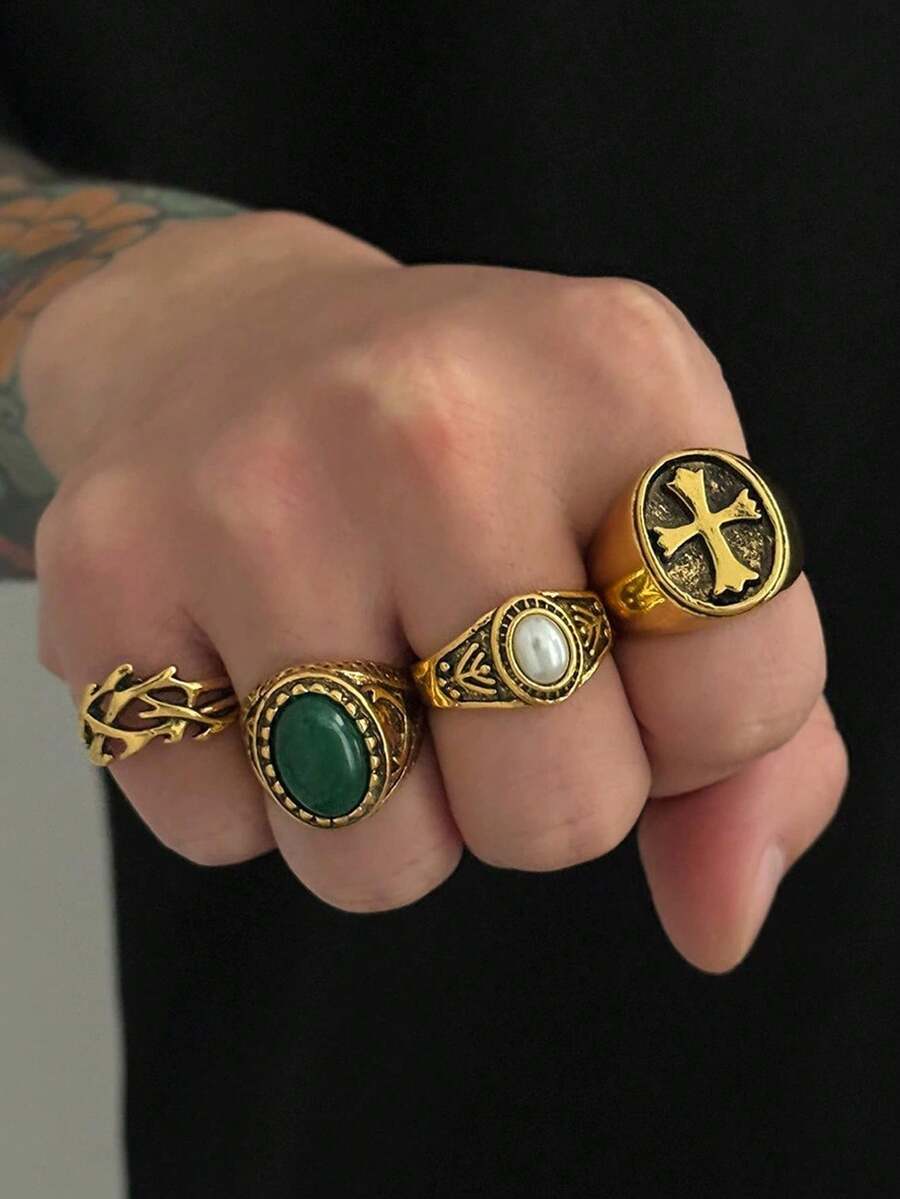 Set de 4 anillos de resina geométricos de cruz minimalistas, de alta gama, versátiles, de estilo punk y hip-hop, elegantes y únicos, adecuados para uso diario, festivales y fiestas - Multicolor - Ver 1