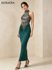 ELYRADIA Elegant Long Green Party Dress, Halter Neck Embroidered Spliced Ruched Slim Fit Wedding Guest Gown, Luxury Wedding Evening Dres - Green - View 6