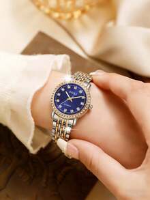 SOKI Women's Watch Luminous Hands Electronic Drive And Pointer Display Rhinestone Inlaid Case Gorgeous And Fashionable Style Zinc Alloy Case And Strap Daily Wear Backto-School Season Telling Time Birthday Gift Also An Ideal Choice For Yourself Or Friends - Gold - View 3