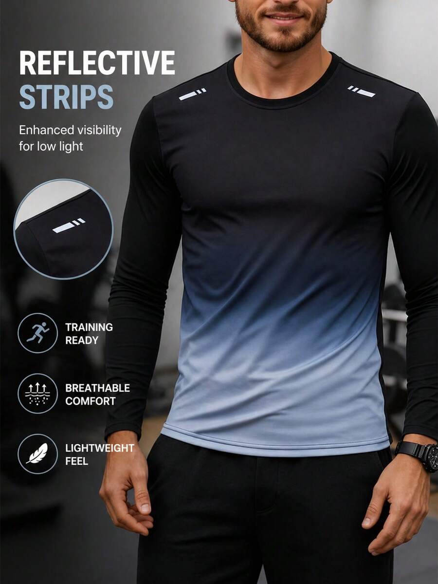 Áo thun thể thao dài tay nam phối màu chuyển sắc, áo tập gym, chạy bộ, tập luyện thể thao, thích hợp cho mùa Thu/Đông/Xuân. - Đen và trắng - Xem 1