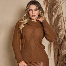 Knitted Blouse With Designs, Cowl Neck, New Women's Winter Collection, Long Sleeve, Cold Weather, High Neck, Knitwear, Autumn - Rust Brown - View 1