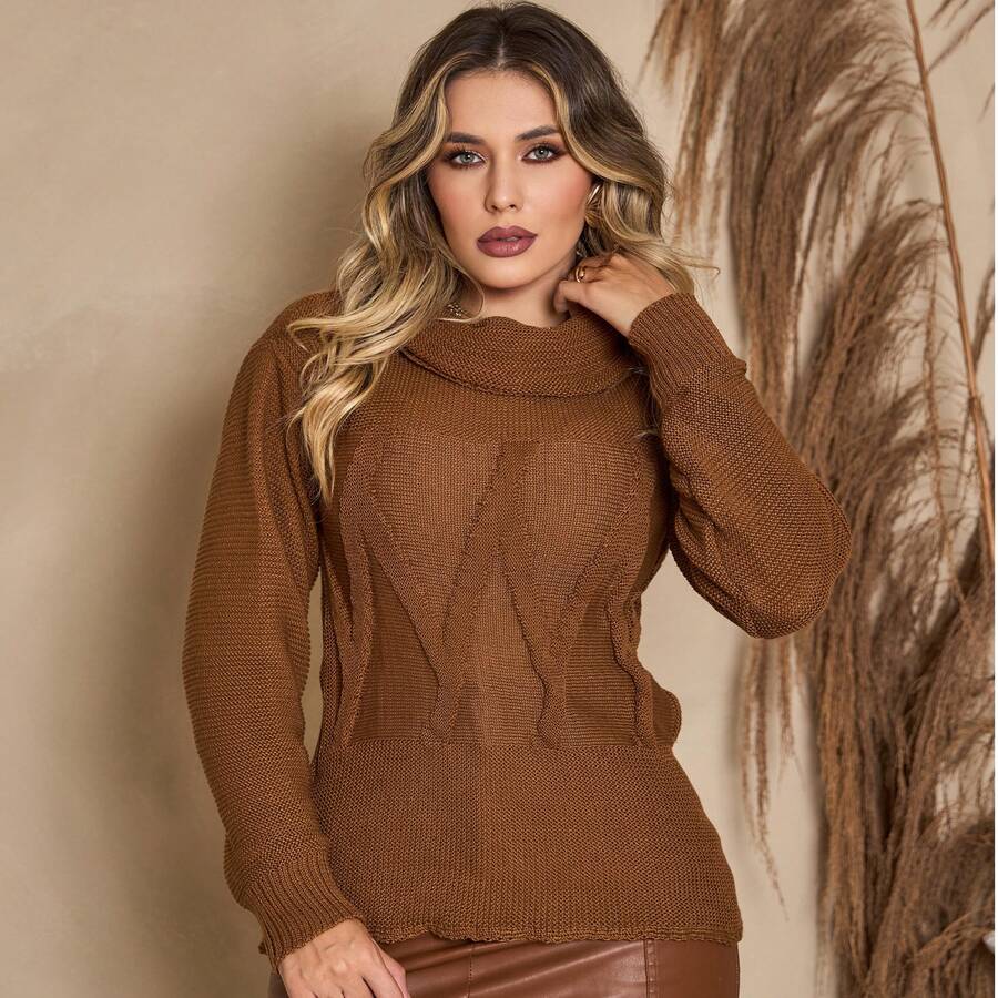 Knitted Blouse With Designs, Cowl Neck, New Women's Winter Collection, Long Sleeve, Cold Weather, High Neck, Knitwear, Autumn - Rust Brown - View 1