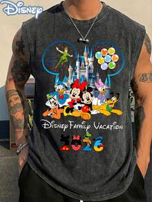 Disney Family Vacation Washed Sleeveless Tank Top, Mickey & Friends Character Crew Graphic Tee, Vintage Oversized Casual Muscle Shirt, Perfect For Theme Park Trips & Fans - màu đen - Xem 2