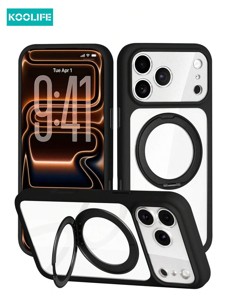 Ốp lưng điện thoại từ tính Koolife 1 chiếc màu đen, chất liệu PC+TPU chống trầy xước, vòng giữ điện thoại xoay 360°, tương thích MagSafe, khung mờ, mặt lưng trong suốt, dành cho Apple 17/17 Pro/17 Pro Max